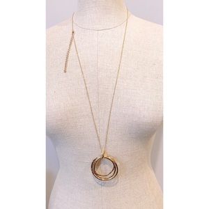 Hammered Metal Tri Circles Pendant Long Necklace